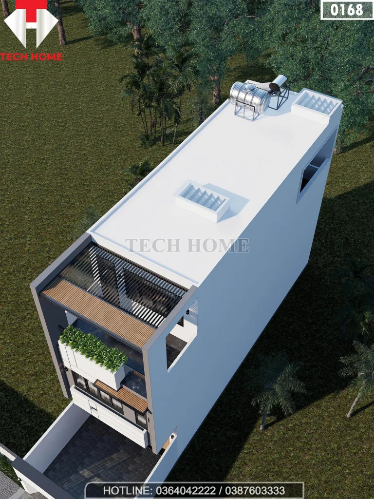 Tổng thể mẫu nhà phố 3 tầng hiện đại mái bằng có giếng trời và hệ thống năng lượng mặt trời.