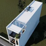 Tổng thể phối cảnh từ trên cao mẫu nhà phố 3 tầng hiện đại có giếng trời và bồn cây xanh.