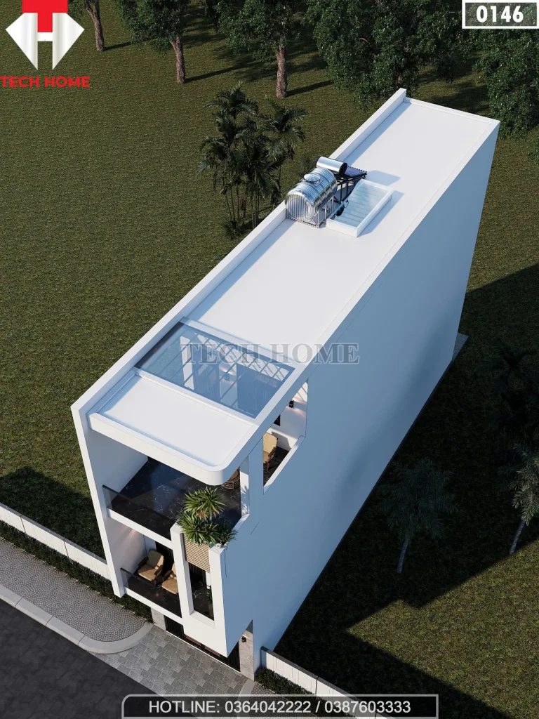 Tổng thể phối cảnh từ trên cao mẫu nhà phố 3 tầng hiện đại có giếng trời và bồn cây xanh.