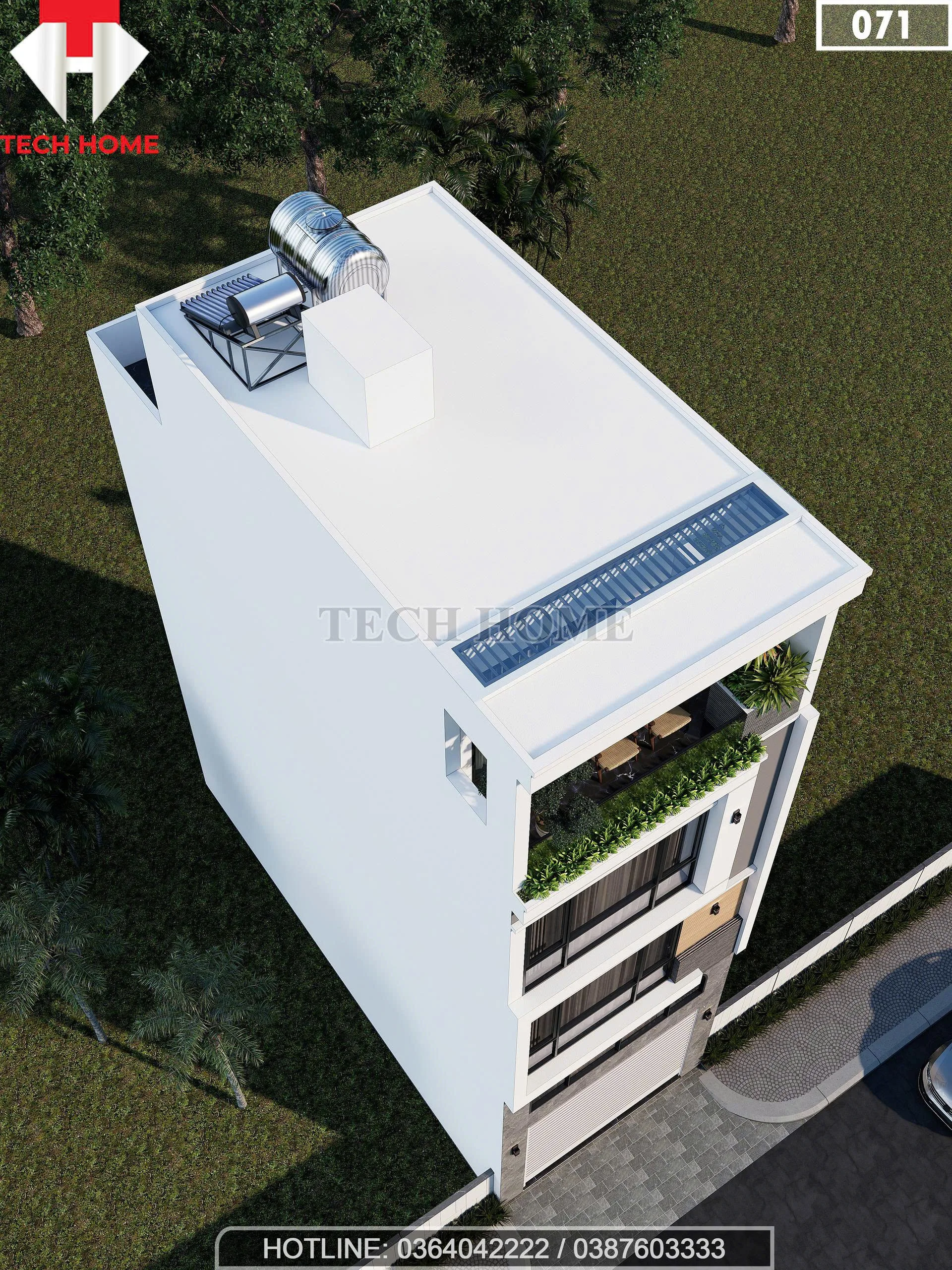 Tổng thể mẫu nhà phố 4 tầng có gác lửng hiện đại từ góc nhìn trên cao đầy ấn tượng.