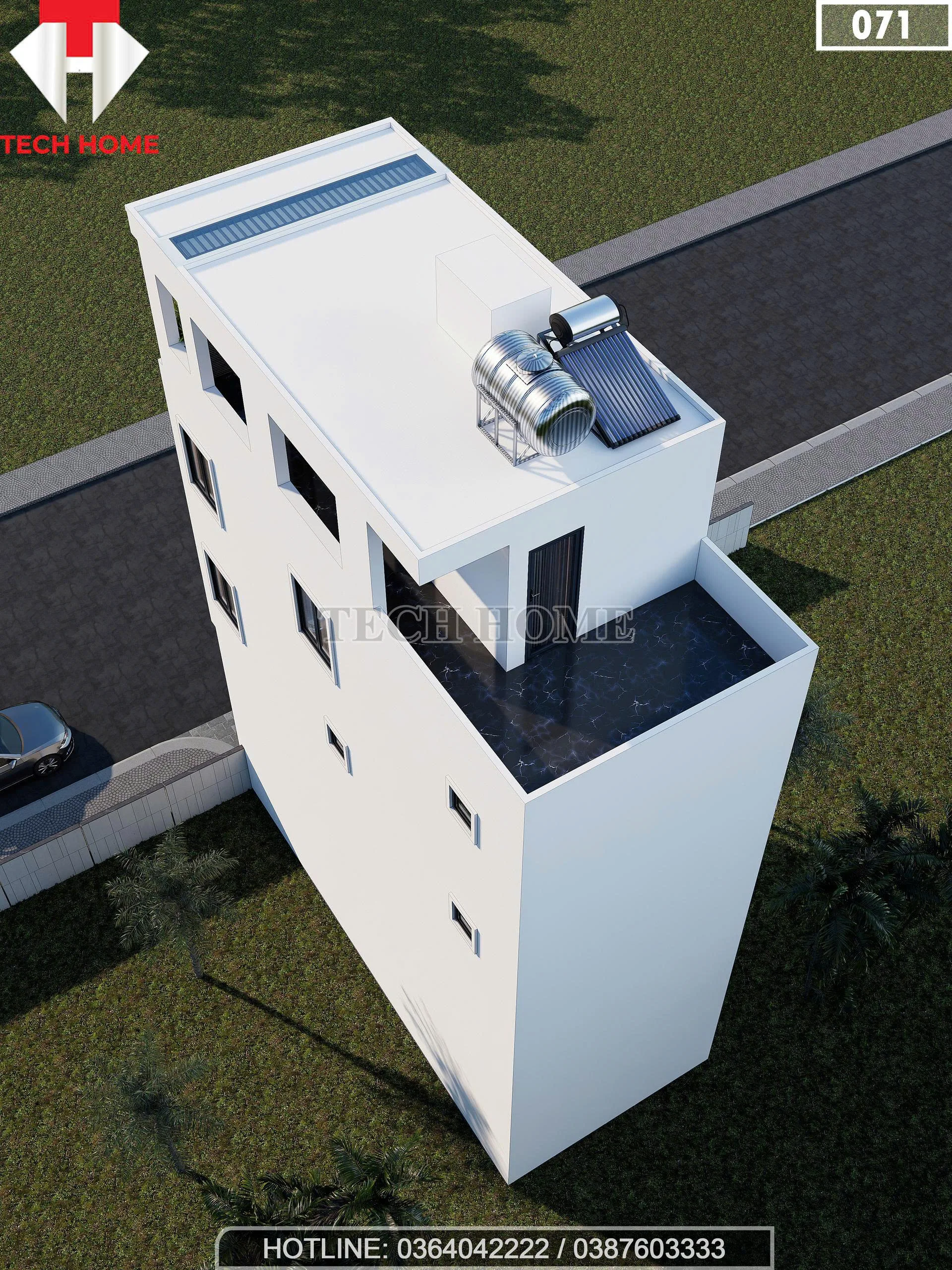 Tổng thể mặt sau mẫu nhà phố 4 tầng có gác lửng hiện đại