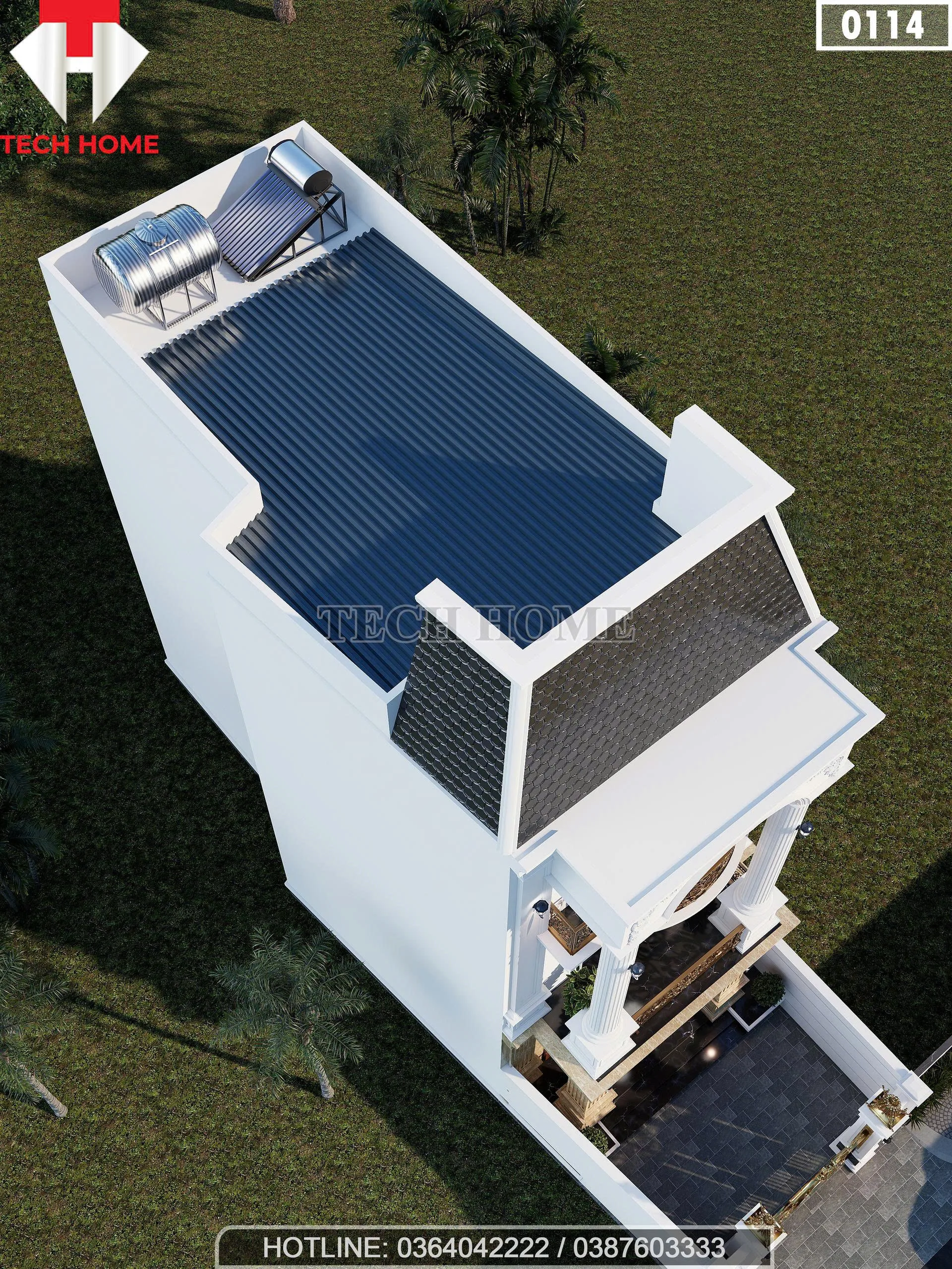 Tổng thể mẫu nhà phố tân cổ điển 3 tầng hệ mái Mansard xanh than và ban công sắt nghệ thuật.