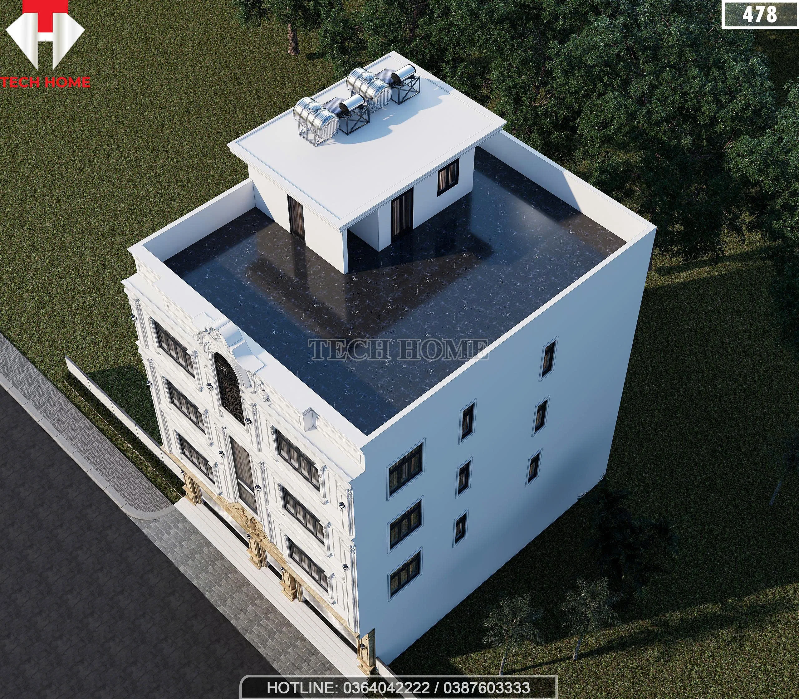 Phối cảnh tổng thể từ trên cao mẫu nhà phố tân cổ điển 4 tầng diện tích 208m2 có sân thượng.