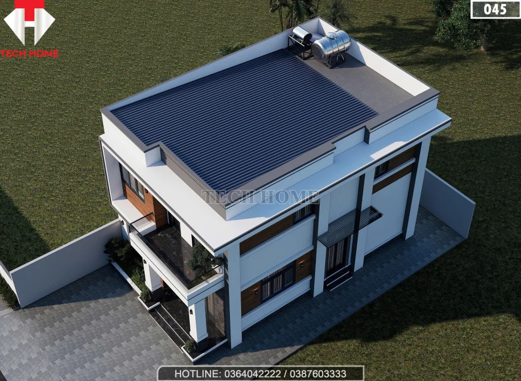 Toàn cảnh mẫu nhà 2 tầng hiện đại mái bằng hiện đại tại Hà Nam nhìn từ trên cao.