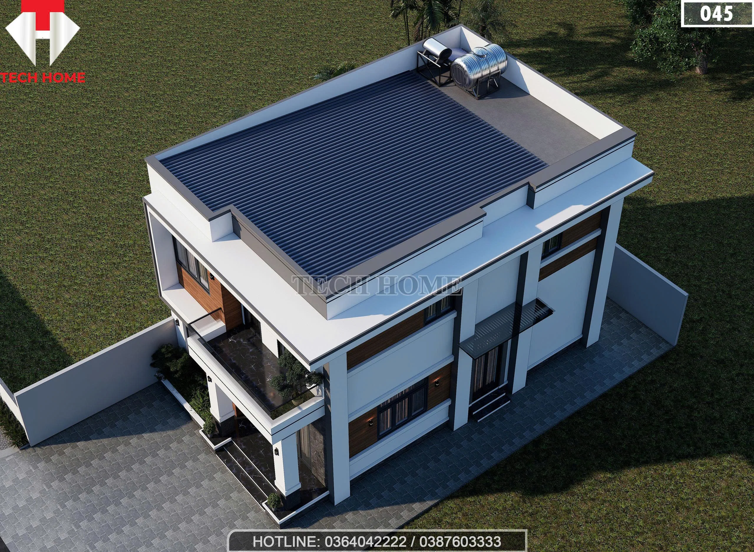 Toàn cảnh mẫu nhà 2 tầng hiện đại mái bằng hiện đại tại Hà Nam nhìn từ trên cao.