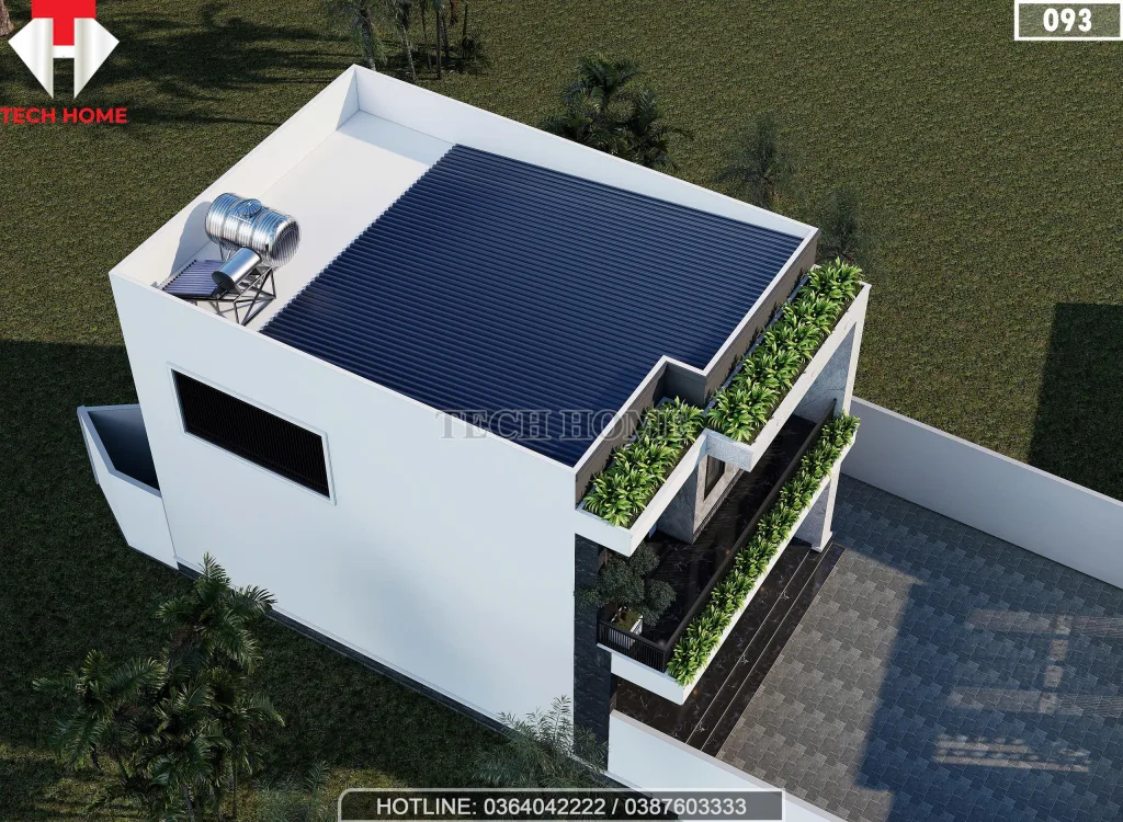 Tổng thể mẫu nhà 2 tầng hiện đại mái bằng có hệ thống chống nóng và thái dương năng.