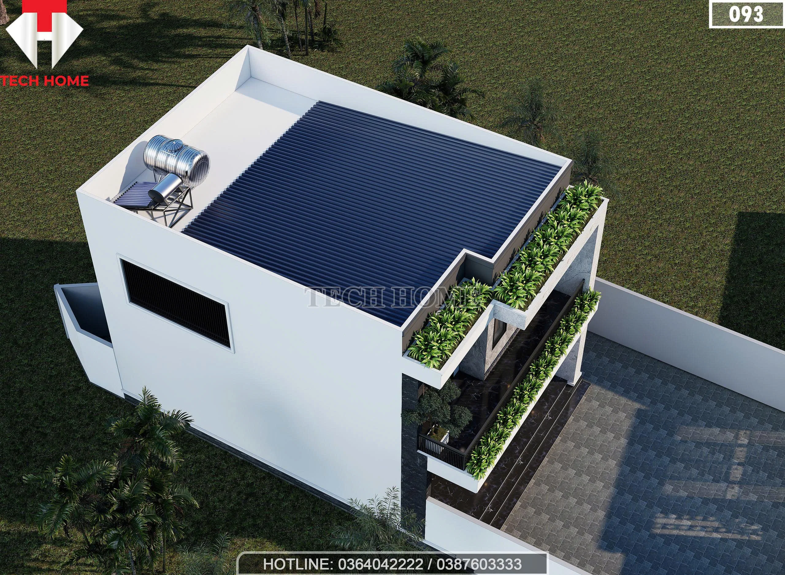 Tổng thể mẫu nhà 2 tầng hiện đại mái bằng có hệ thống chống nóng và thái dương năng.