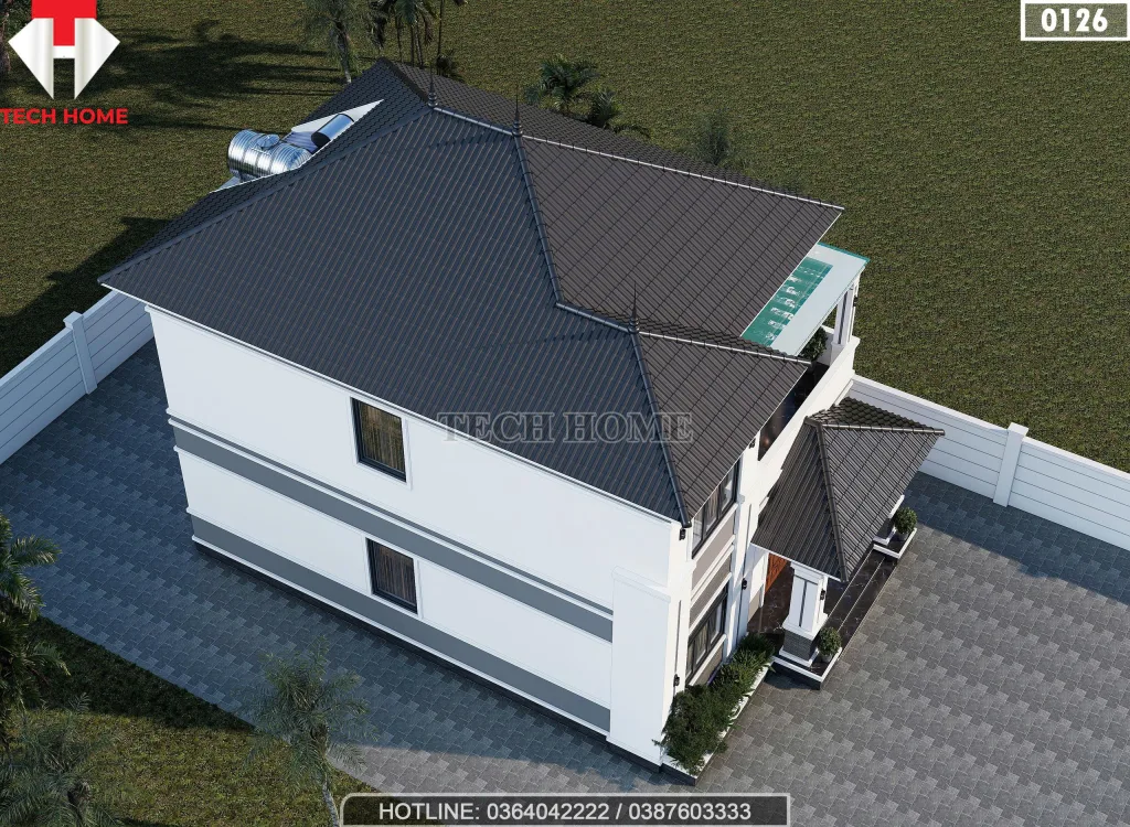 Tổng thể mẫu nhà 2 tầng mái Nhật tại Bắc Ninh lợp ngói màu xanh đen thanh lịch nhìn từ trên cao.