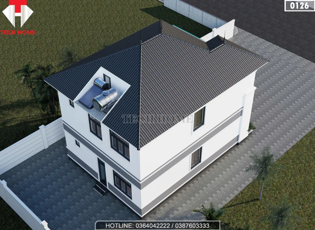 Tổng thể mặt sau mẫu nhà 2 tầng mái Nhật tại Bắc Ninh