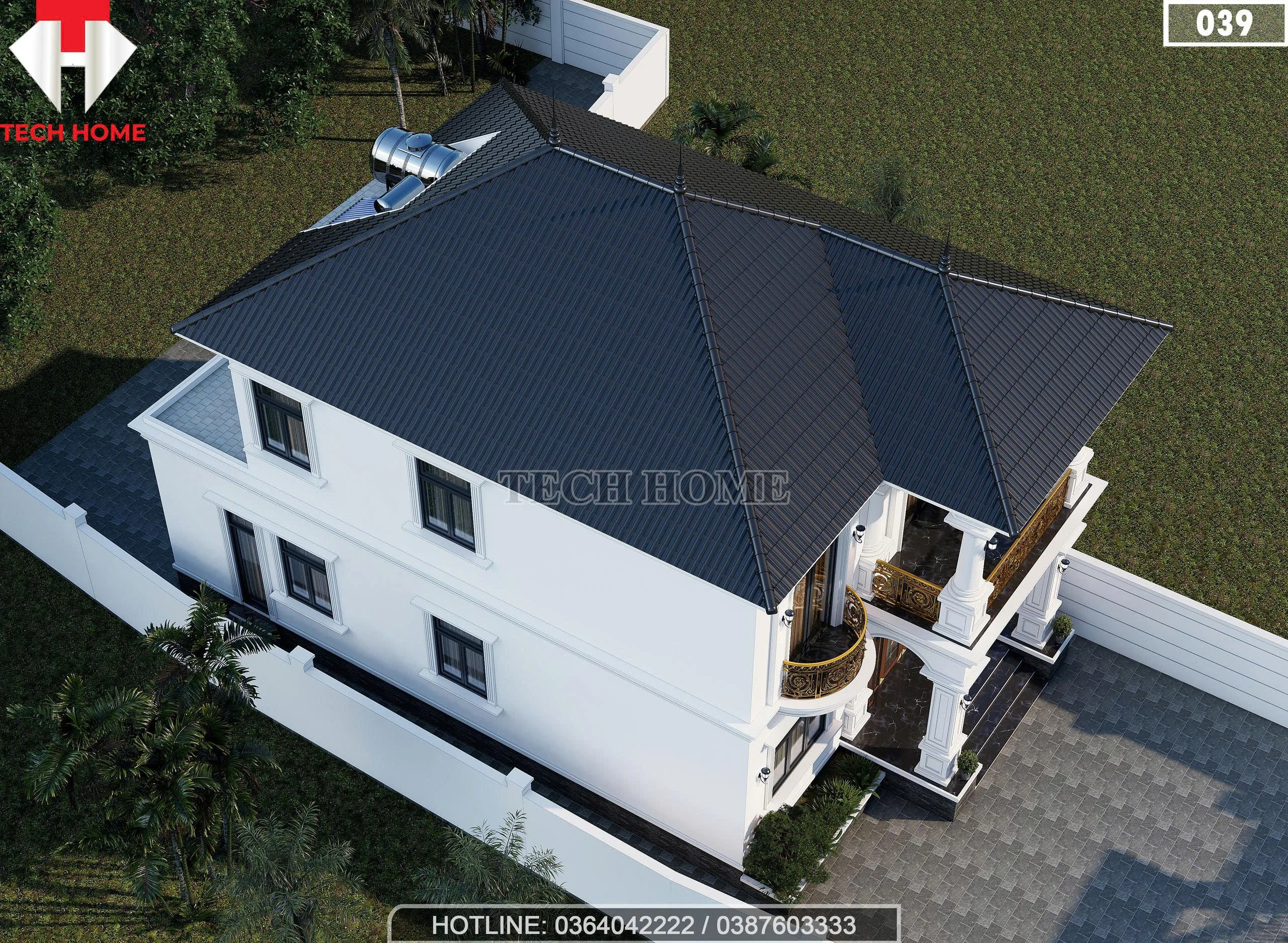 Tổng thể hệ mái Nhật xanh than và kiến trúc tân cổ điển mẫu nhà 2 tầng nhìn từ trên cao.