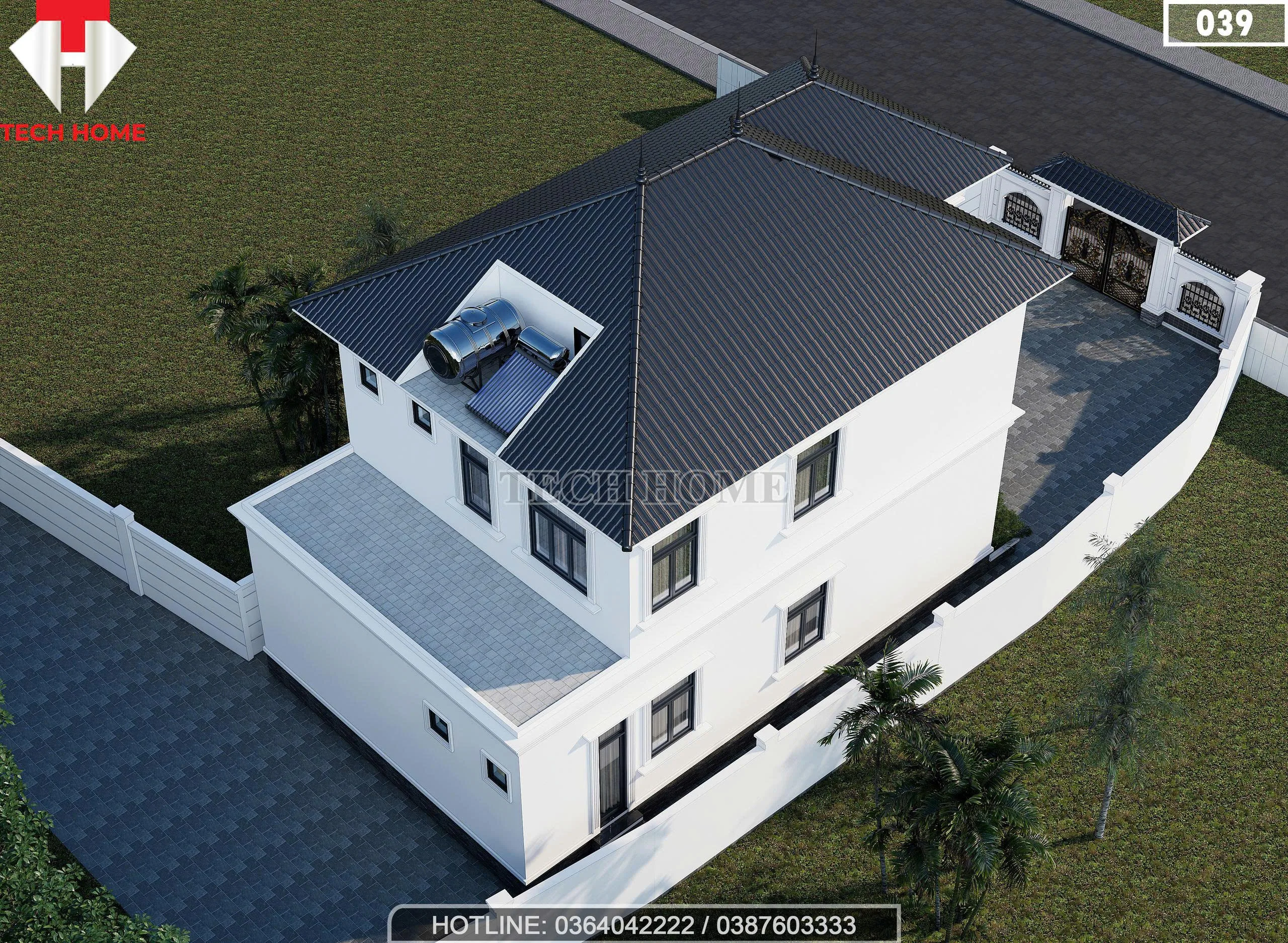 Tổng thể mặt sau mẫu nhà mái Nhật 2 tầng tân cổ điển