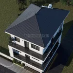 Tổng thể mẫu nhà phố 3 tầng mái Nhật lợp ngói màu xanh đen sang trọng nhìn từ trên cao.