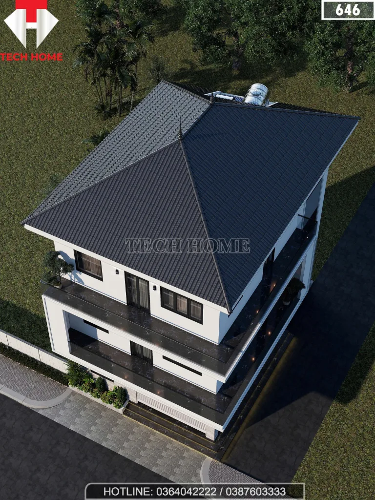 Tổng thể mẫu nhà phố 3 tầng mái Nhật lợp ngói màu xanh đen sang trọng nhìn từ trên cao.