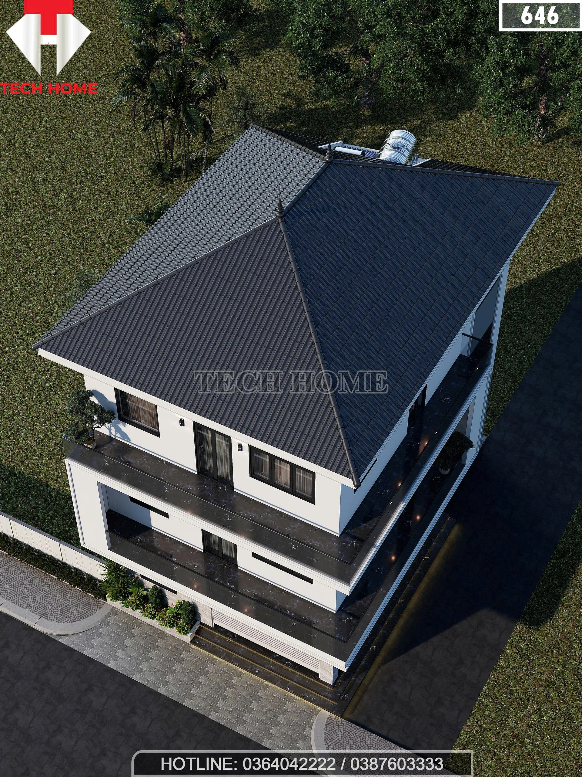 Tổng thể mẫu nhà phố 3 tầng mái Nhật lợp ngói màu xanh đen sang trọng nhìn từ trên cao.