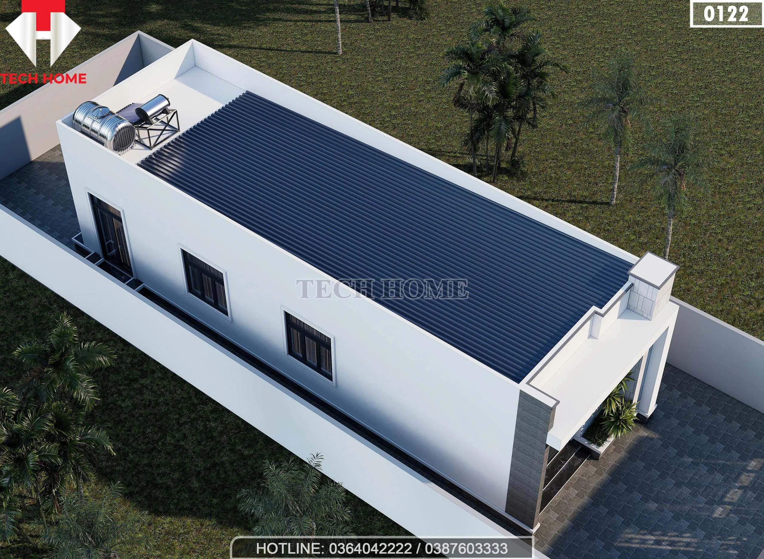 Phối cảnh từ trên cao mẫu nhà cấp 4 mái bằng sử dụng giải pháp lợp tôn giấu mái thông minh, giúp tiết kiệm chi phí.