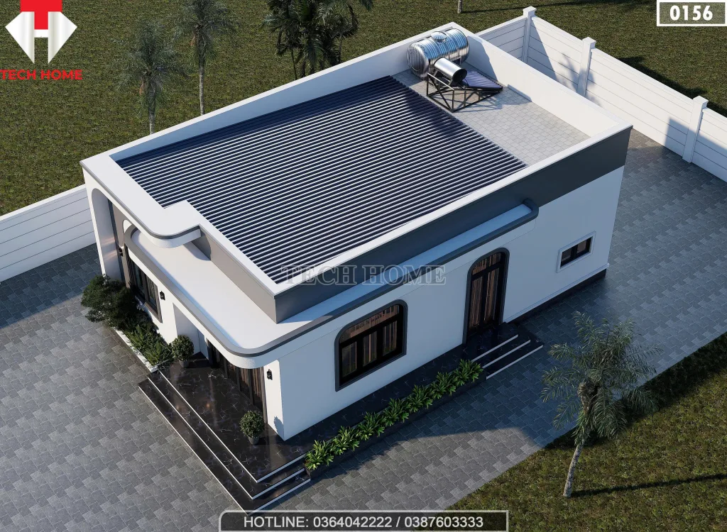 Tổng thể mẫu nhà cấp 4 mái bằng hiện đại từ trên cao với hệ thống thái dương năng và bồn nước.