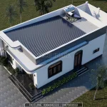 Tổng thể mẫu nhà cấp 4 mái bằng hiện đại từ trên cao với hệ thống thái dương năng và bồn nước.