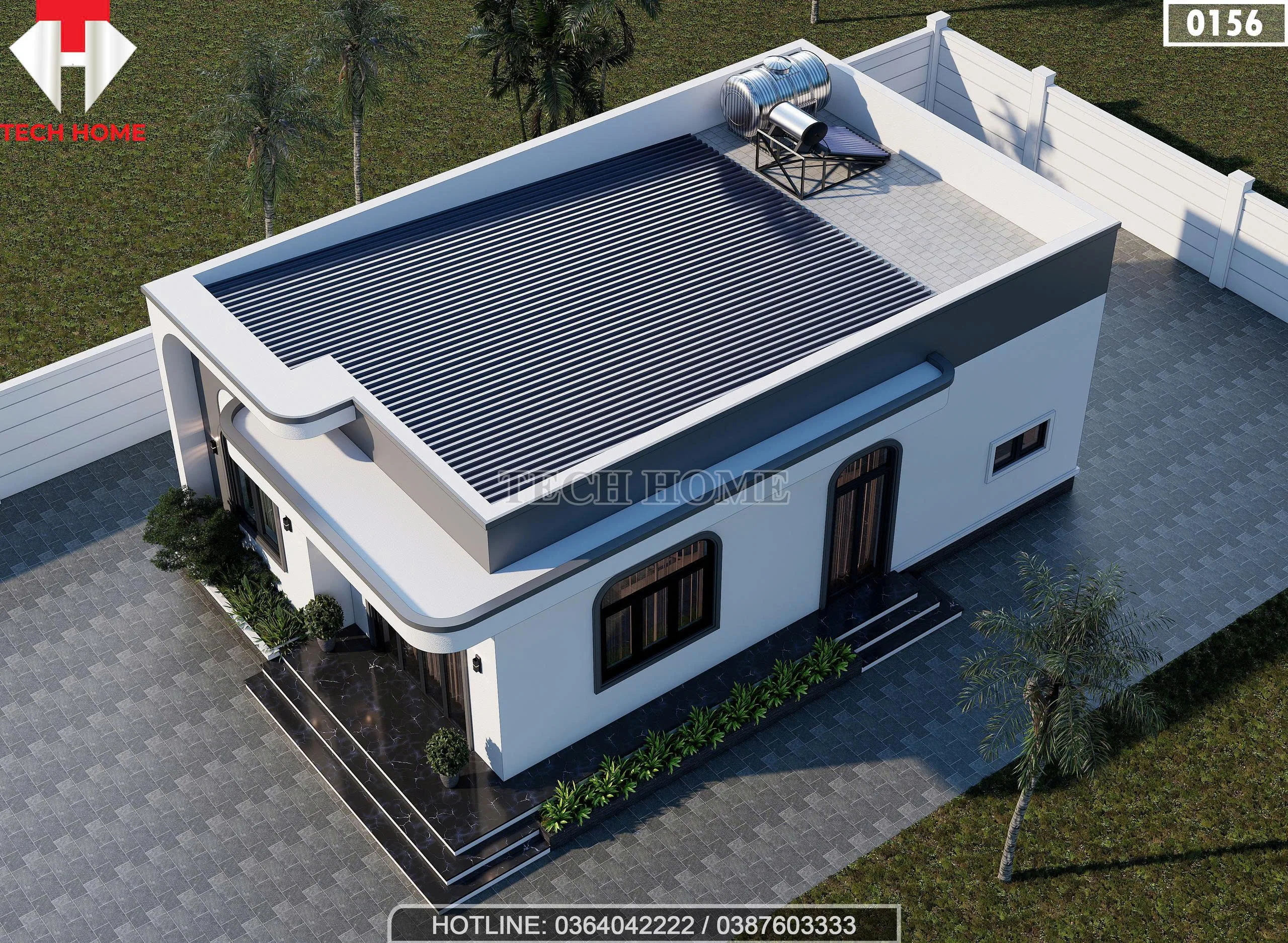 Tổng thể mẫu nhà cấp 4 mái bằng hiện đại từ trên cao với hệ thống thái dương năng và bồn nước.