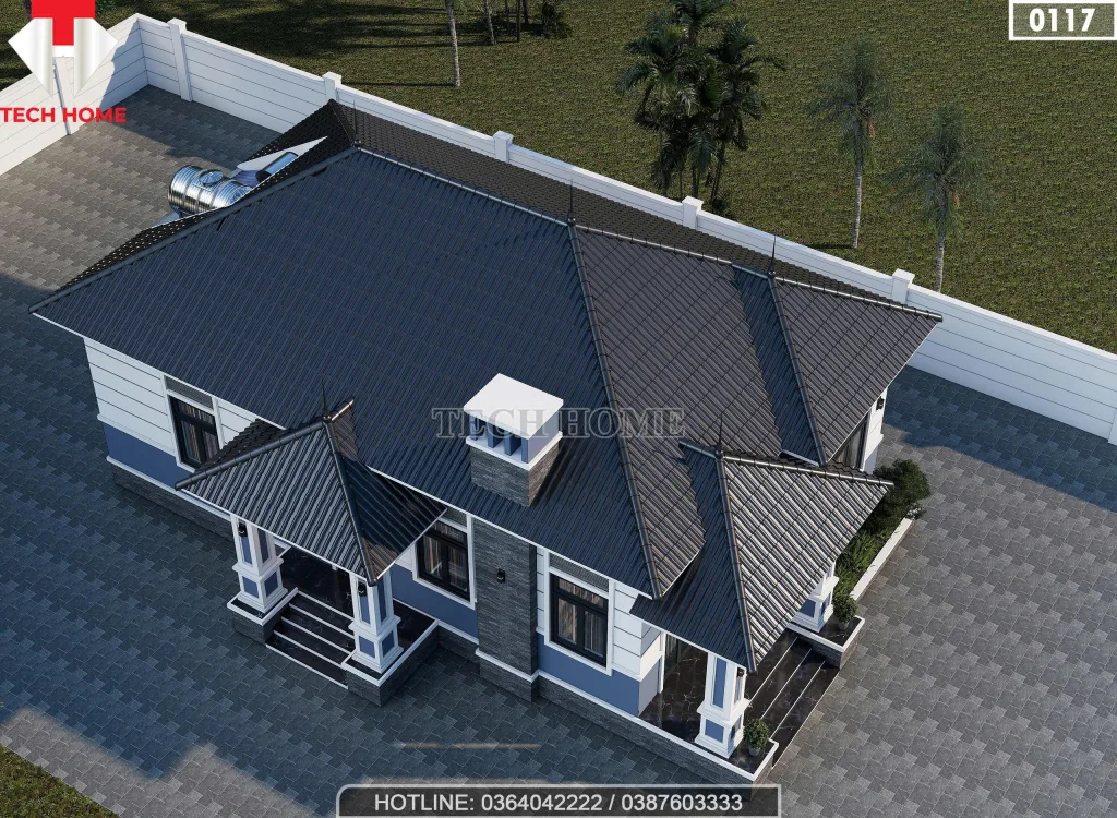 Tổng thể mẫu nhà cấp 4 mái Nhật 3 phòng ngủ lợp ngói xanh ghi sang trọng nhìn từ trên cao.