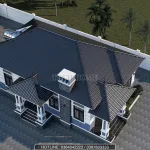 Tổng thể mẫu nhà cấp 4 mái Nhật 3 phòng ngủ lợp ngói xanh ghi sang trọng nhìn từ trên cao.