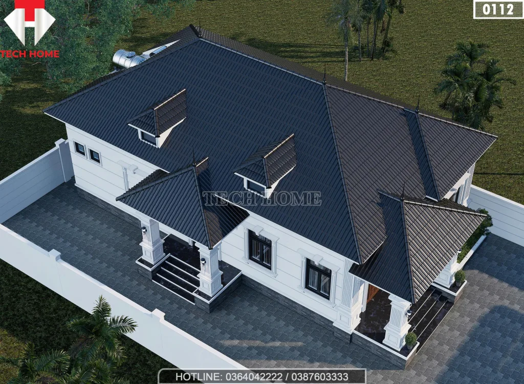 Tổng thể mẫu nhà mái Nhật 1 tầng 3 phòng ngủ diện tích 160m2 lợp ngói màu xanh than sang trọng.