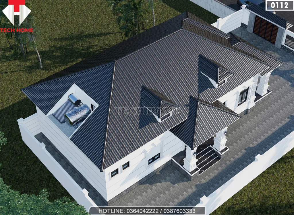 Tổng thể mặt sau mẫu nhà mái Nhật 1 tầng 3 phòng ngủ