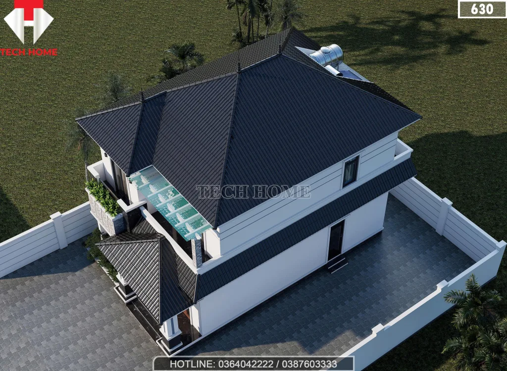 Tổng thể mẫu nhà mái Nhật 2 tầng đẹp lợp ngói màu xanh than sang trọng từ trên cao.