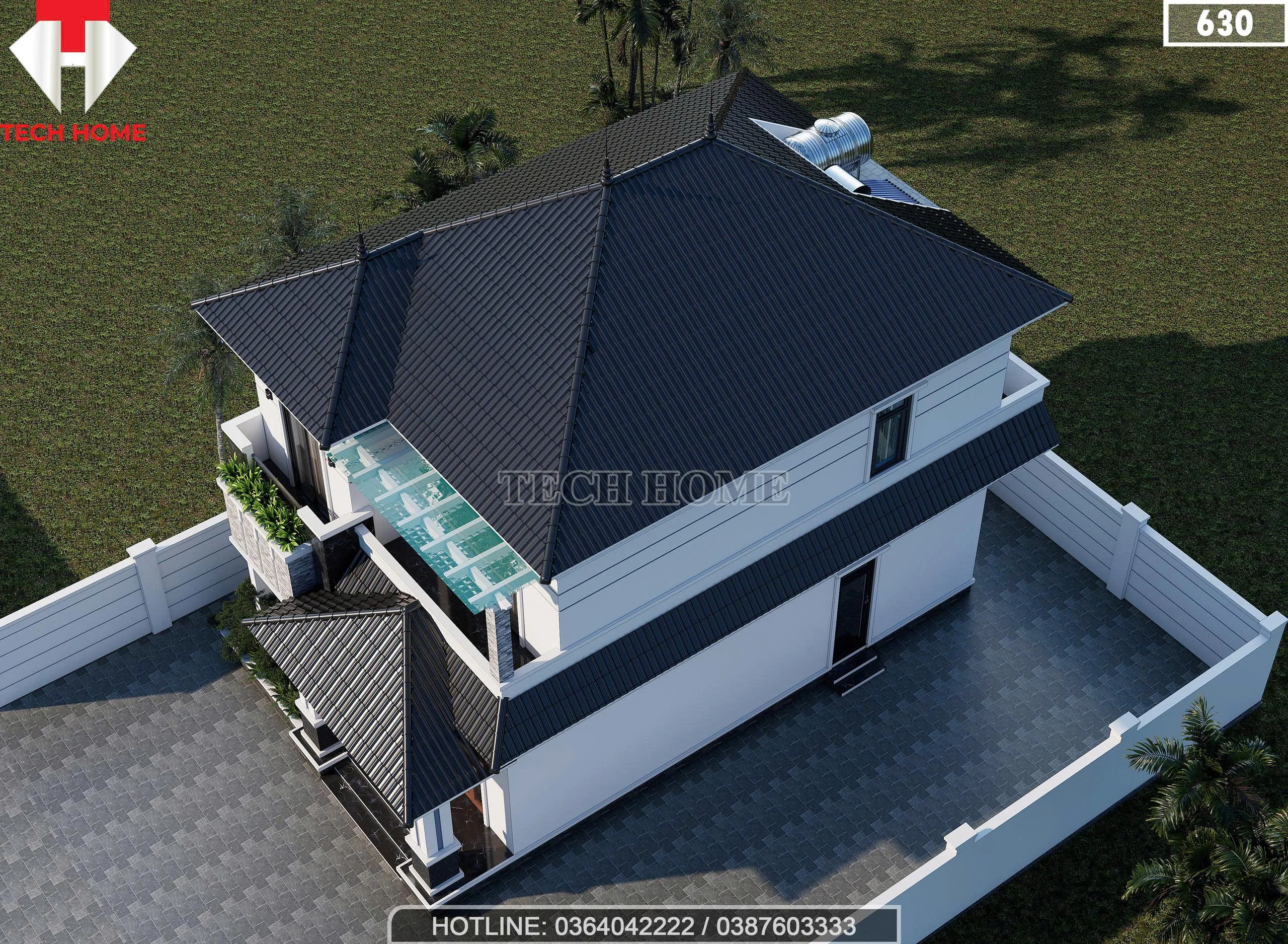 Tổng thể mẫu nhà mái Nhật 2 tầng đẹp lợp ngói màu xanh than sang trọng từ trên cao.