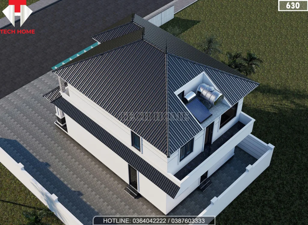 Tổng thể mặt sau mẫu nhà mái Nhật 2 tầng đẹp