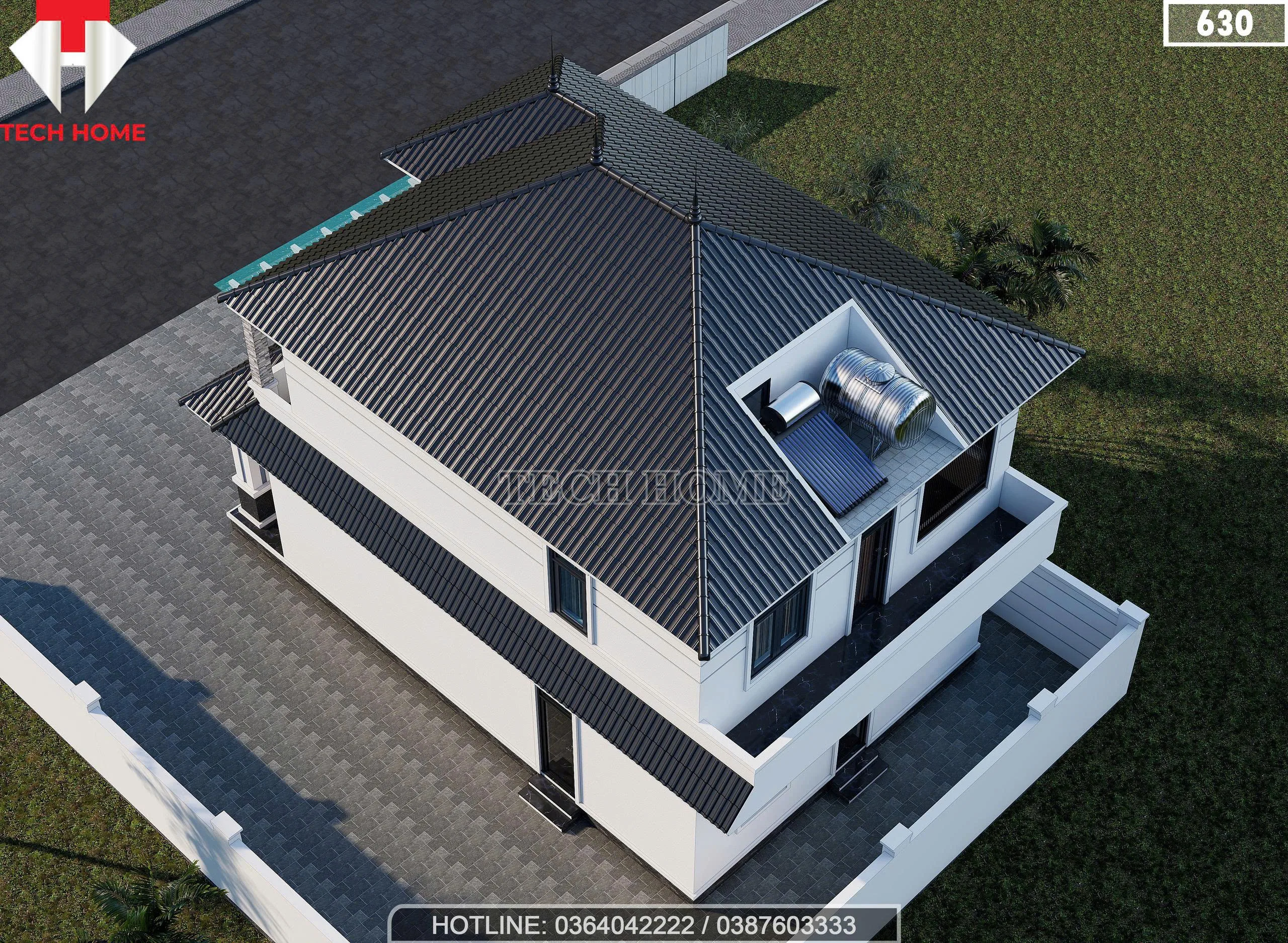 Tổng thể mặt sau mẫu nhà mái Nhật 2 tầng đẹp