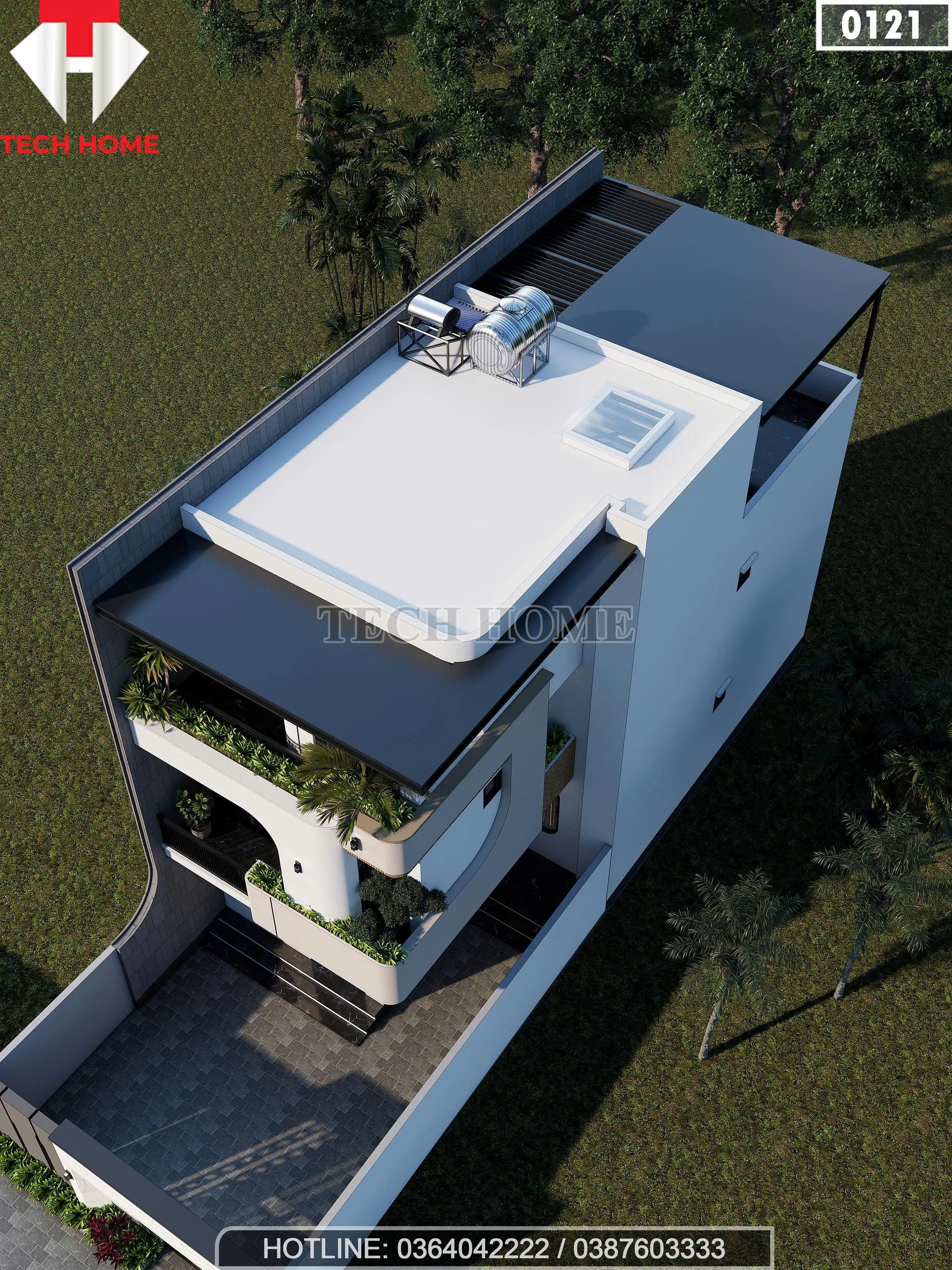 Tổng thể mẫu nhà ống 2 tầng 1 tum hiện đại từ trên cao với hệ mái bằng và sân phơi rộng.