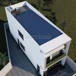 Tổng thể mẫu nhà ống 2 tầng hiện đại nhìn từ trên cao với hệ thống mái tôn và thái dương năng.