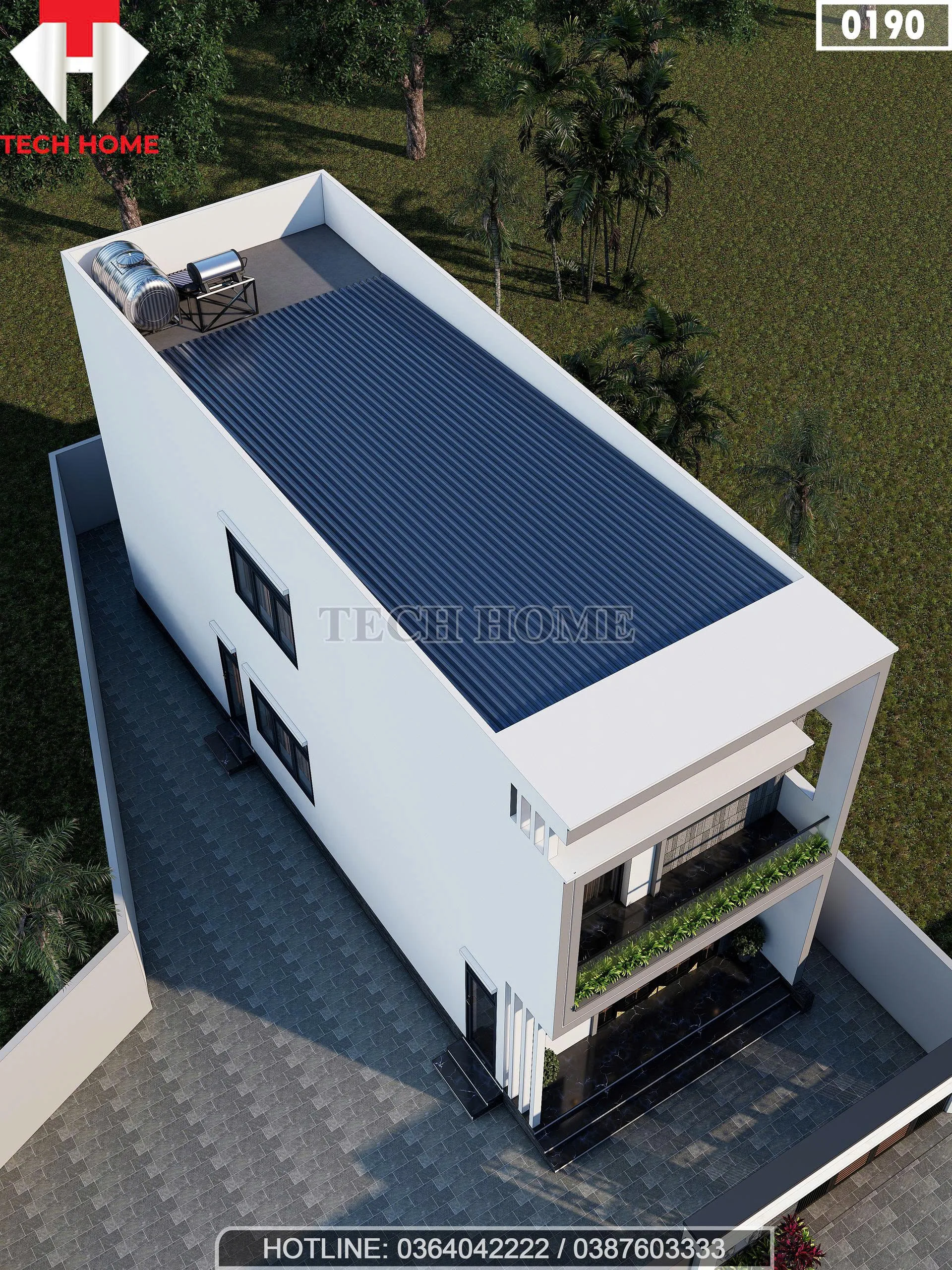 Tổng thể mẫu nhà ống 2 tầng hiện đại nhìn từ trên cao với hệ thống mái tôn và thái dương năng.