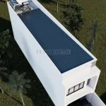 Tổng thể mẫu nhà ống 2 tầng hiện đại nhìn từ trên cao với hệ mái tôn và thái dương năng.