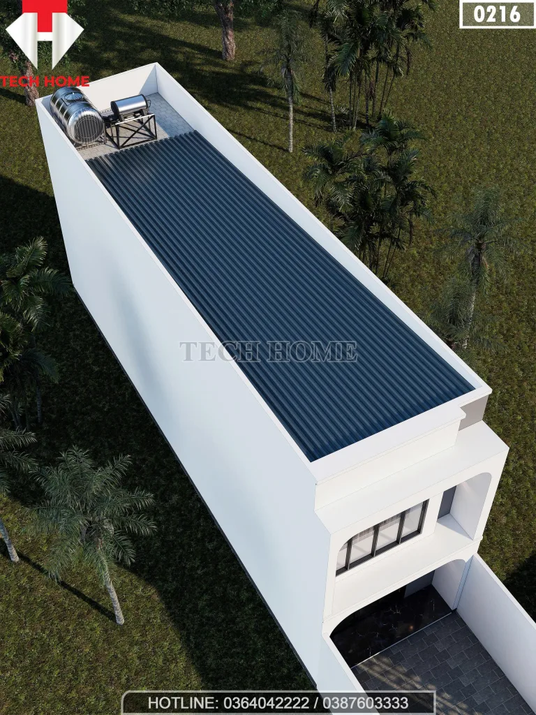 Tổng thể mẫu nhà ống 2 tầng hiện đại nhìn từ trên cao với hệ mái tôn và thái dương năng.