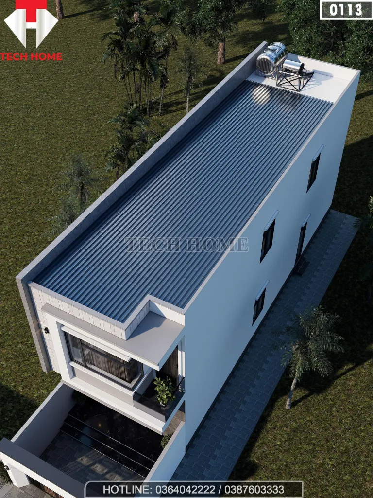 Tổng thể mẫu nhà ống 2 tầng 4 phòng ngủ sử dụng mái tôn chống nóng và hệ thống thái dương năng.