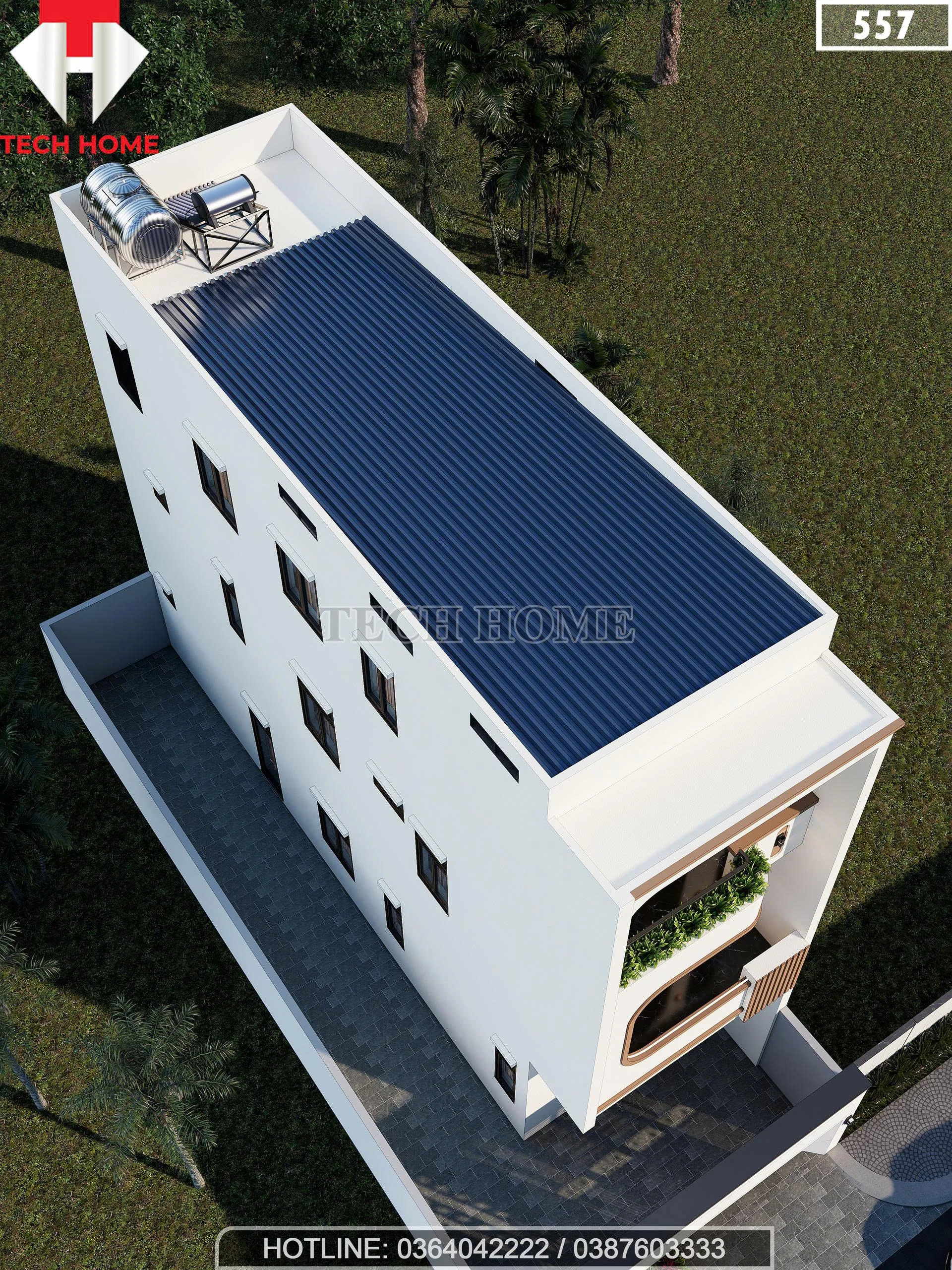 Tổng thể phối cảnh từ trên cao mẫu nhà ống 3 tầng hiện đại mái bằng kiên cố.