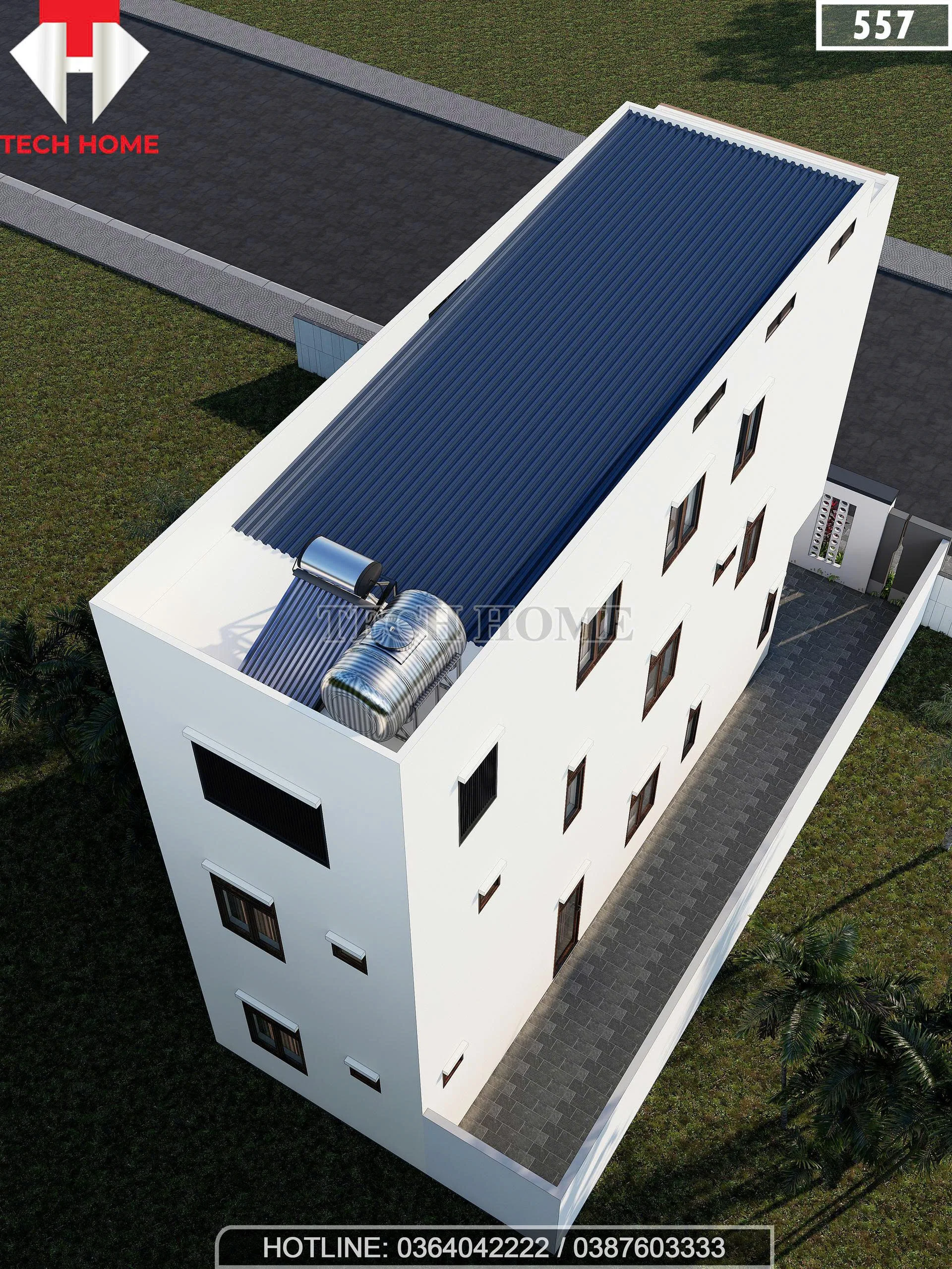 Tổng thể mặt sau mẫu nhà ống 3 tầng hiện đại