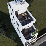 Tổng thể mẫu nhà ống 3 tầng hiện đại nhìn từ trên cao với sân thượng rộng và hệ thống bồn nước thái dương năng.