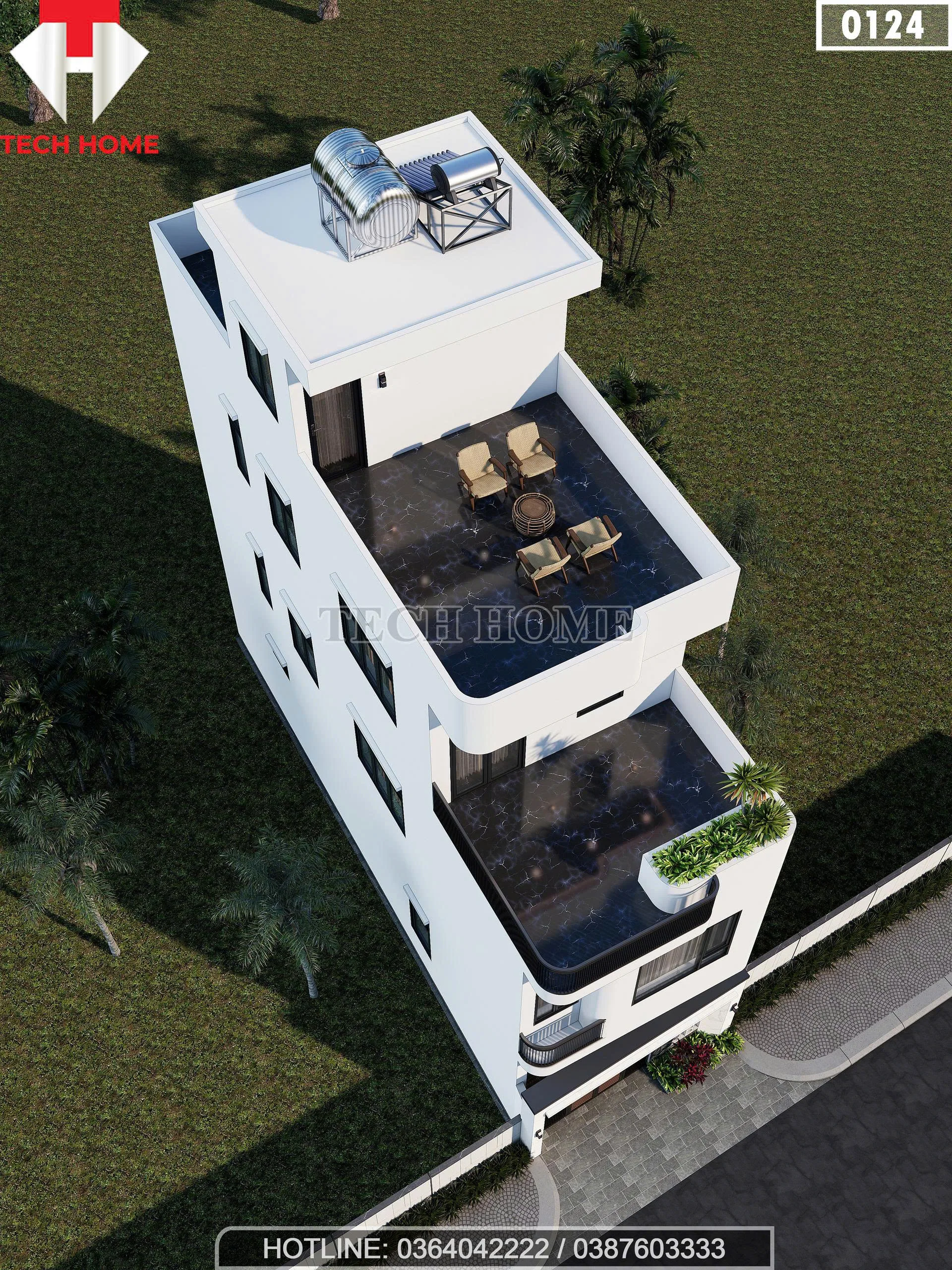 Tổng thể mẫu nhà ống 3 tầng hiện đại nhìn từ trên cao với sân thượng rộng và hệ thống bồn nước thái dương năng.