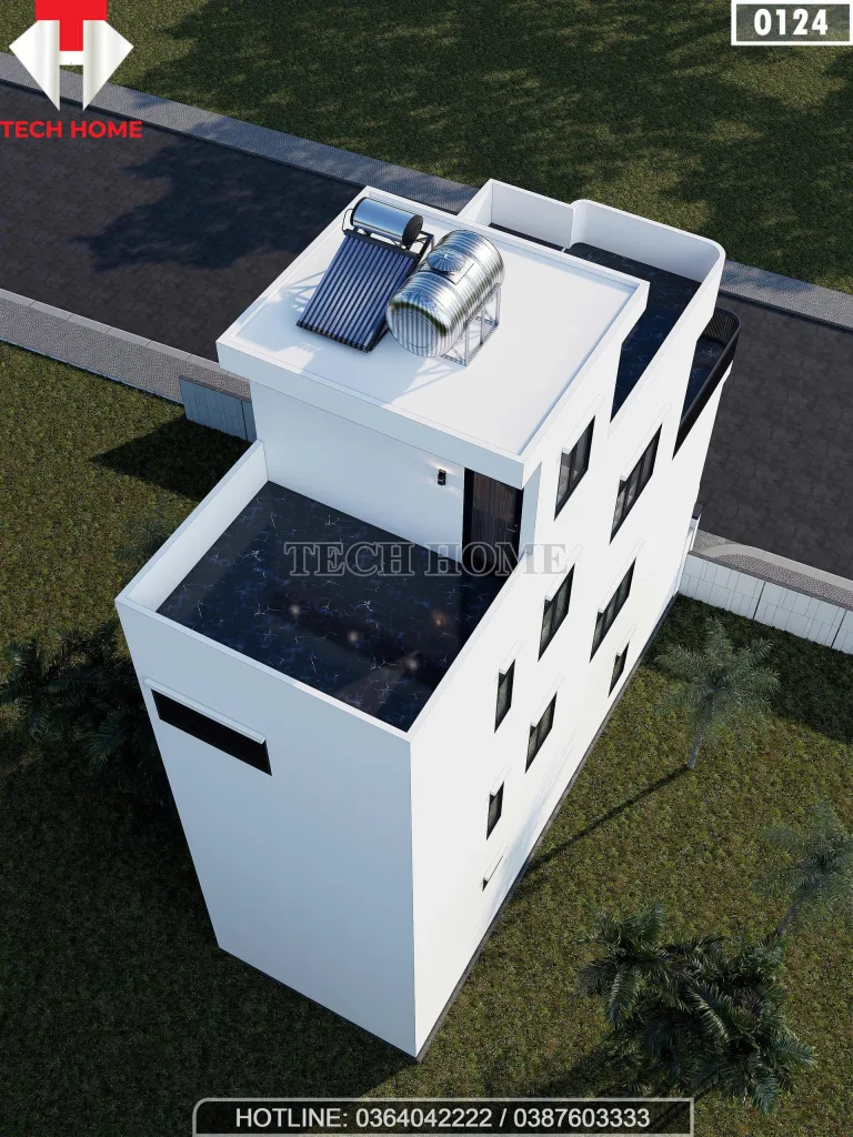 Tổng thể mặt sau mẫu nhà ống 3 tầng hiện đại