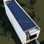 Phối cảnh tổng thể từ trên cao mẫu nhà phố 2 tầng hiện đại sử dụng hệ mái lợp chống nóng tiện nghi.