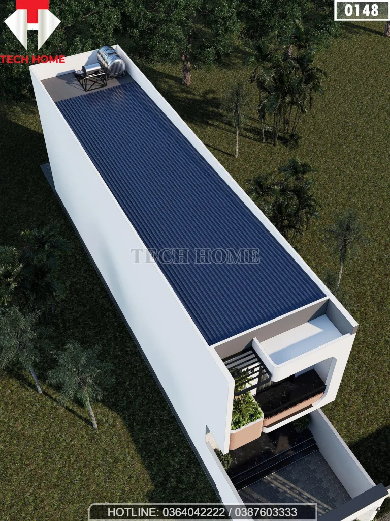 Phối cảnh tổng thể từ trên cao mẫu nhà phố 2 tầng hiện đại sử dụng hệ mái lợp chống nóng tiện nghi.