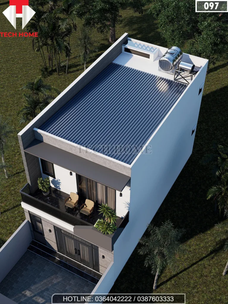 Tổng thể mẫu nhà phố 2 tầng hiện đại mái tôn chống nóng mã số 097