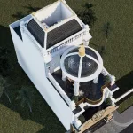 Tổng thể mẫu nhà phố tân cổ điển 2 tầng 1 tum nhìn từ trên cao với hệ mái vòm và sân chơi rộng.