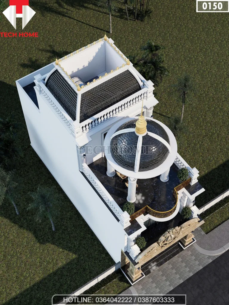 Tổng thể mẫu nhà phố tân cổ điển 2 tầng 1 tum nhìn từ trên cao với hệ mái vòm và sân chơi rộng.