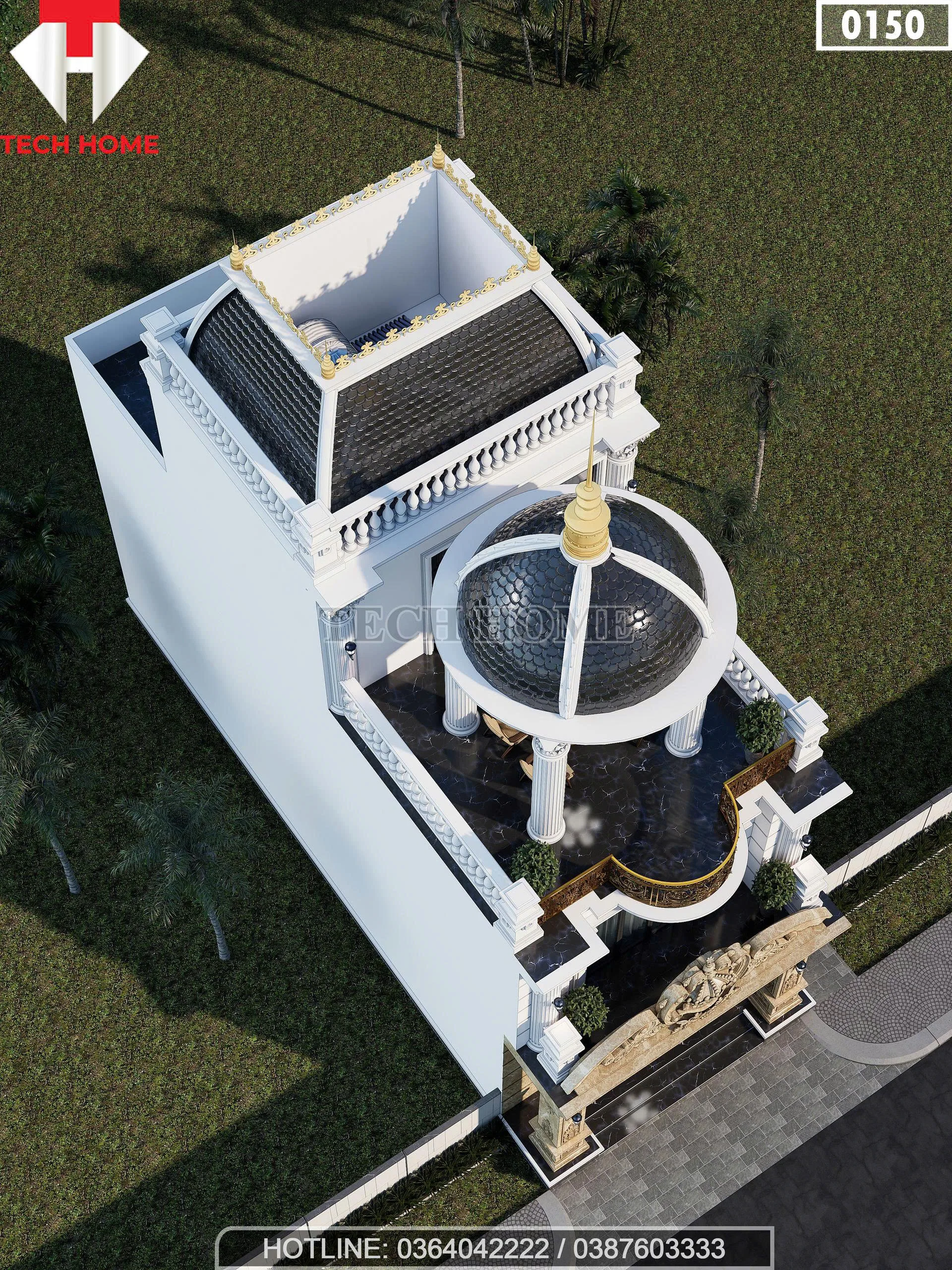 Tổng thể mẫu nhà phố tân cổ điển 2 tầng 1 tum nhìn từ trên cao với hệ mái vòm và sân chơi rộng.