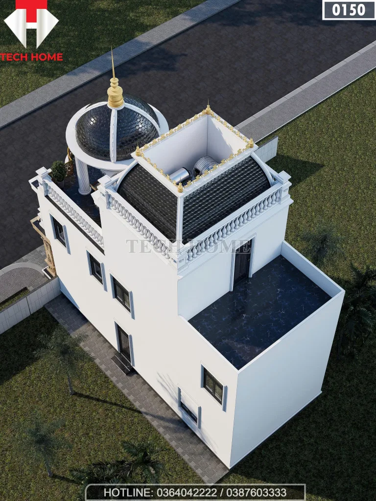 Tổng thể mặt sau mẫu nhà phố tân cổ điển 2 tầng 1 tum