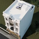 Phối cảnh tổng thể từ trên cao mẫu nhà phố tân cổ điển 5 tầng có tầng tum và sân thượng.