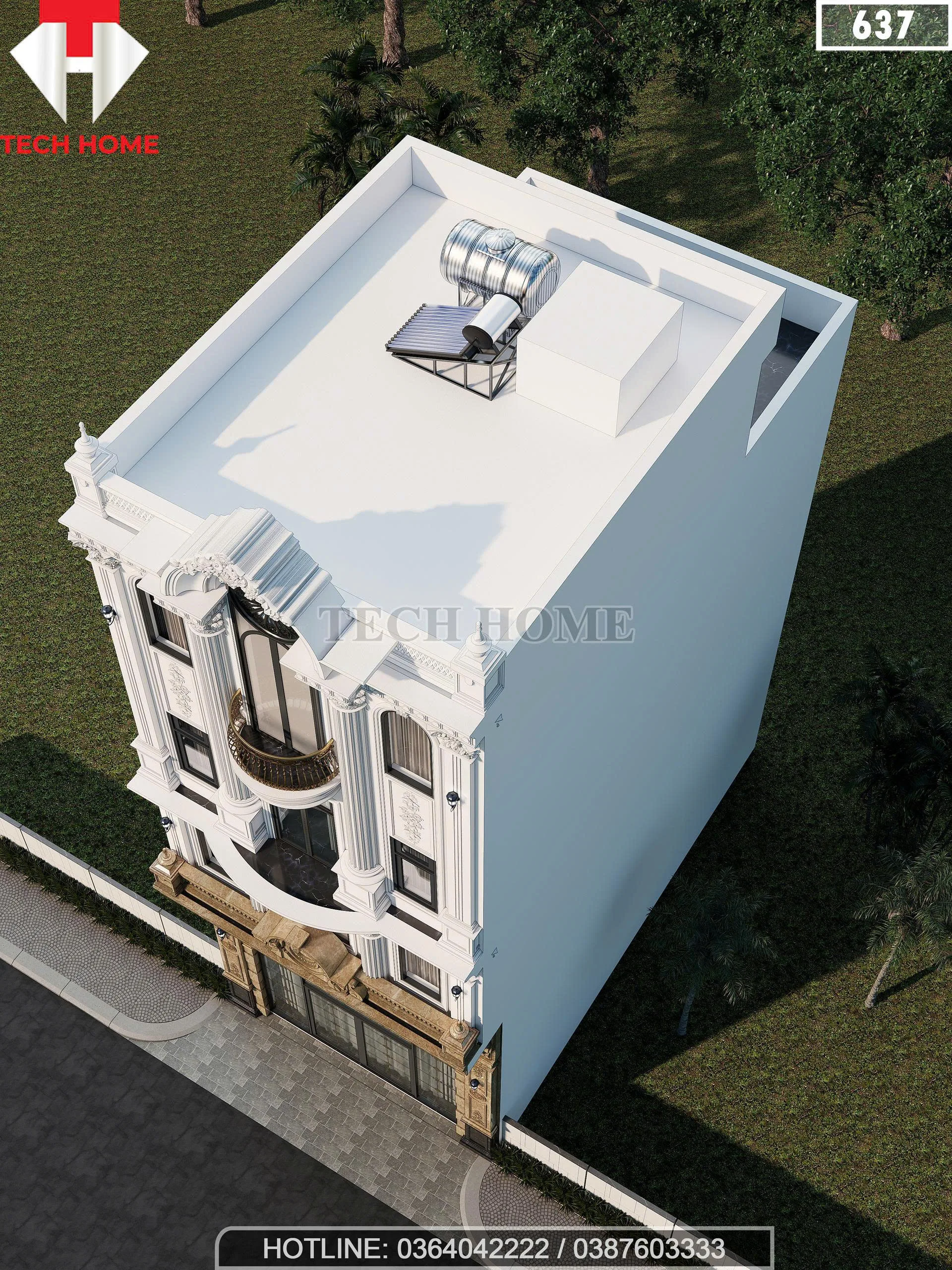 Phối cảnh tổng thể từ trên cao mẫu nhà phố tân cổ điển 5 tầng có tầng tum và sân thượng.